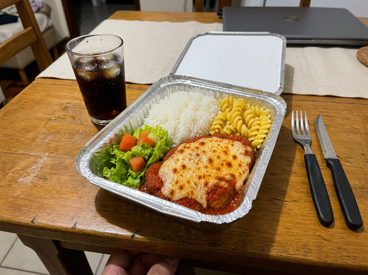 Marmitex de parmegiana recebido pelo cliente